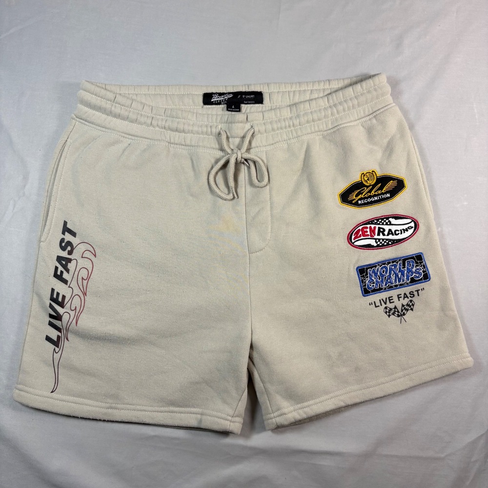 Brooklyn Cloth Live Fast Racing Graphic Fleece Shorts Mens Large Beige 5 Inseam